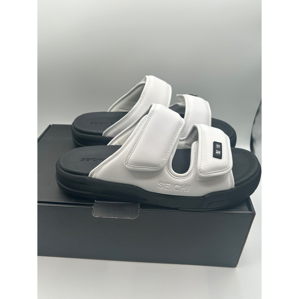 Seichi Senko Sandals,White Black Two Strap Slides,Men's Size 12,New w/ Defects - Picture 13 of 16